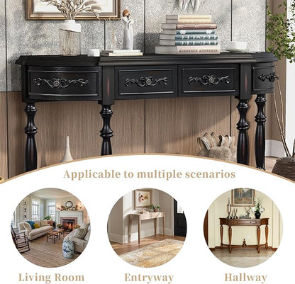 HMFULE Retro Curved Console Table, 52" Solid Wood Half Moon Console Table Sofa Table with 4 Drawers 1 Open Shelf for Living Room,Entryway,Hallway,Black