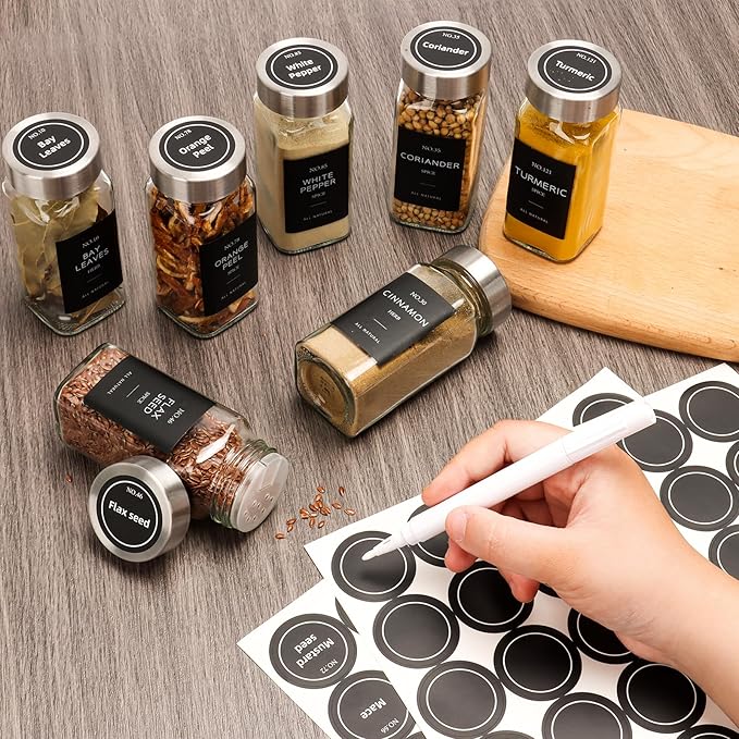 6 Pcs Glass Spice Jars with Label, 4oz Spice Jars with Lids, Seasoning containers Set, Comes with spice bottle caps, Silicone Collapsible Funnel,chalk, for Spice Rack, Cabinet, Drawer