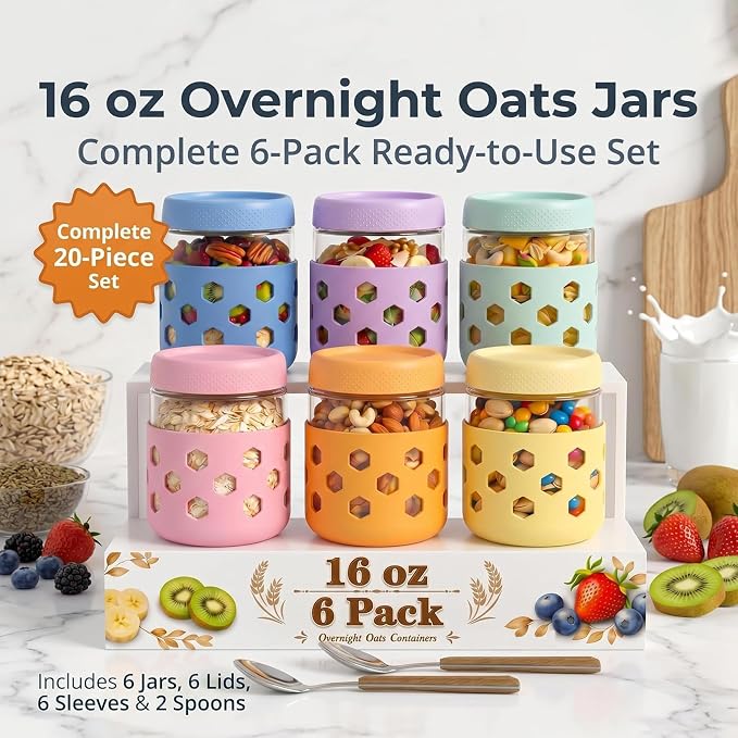 6-Pack 16 oz Overnight Oats Jars with Lids & Silicone Sleeves - Airtight Glass Mason Jars, Food Storage, Wide Mouth Meal Prep Containers for Chia Pudding, Yogurt, Berries & Snacks (Include Spoons)