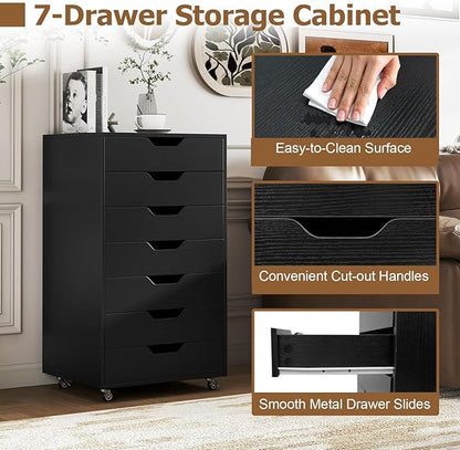 Giantex 7-Drawer Storage Cabinet, Mobile File Organizer with 4 Universal Casters, Wooden Vertical Filing Cabinet on Lockable Wheels for Office, Study, Living Room (19.5” x 16” x 34.5”,Black)