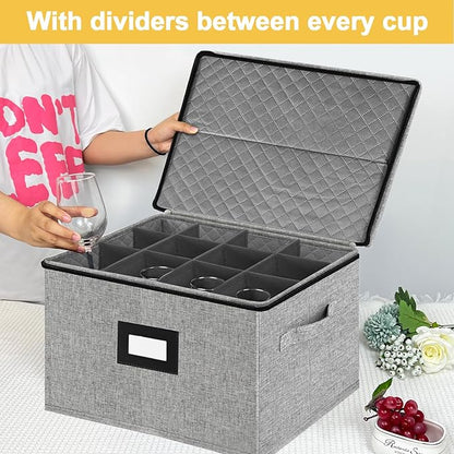 VERONLY Stemware Storage Cases,Quilted Wine glass Storage Boxes with Divider-China Storage Containers Hard Shell Holds 12 Wine Glass or Crystal Glassware Storage Containers, Stackable (Light Grey)