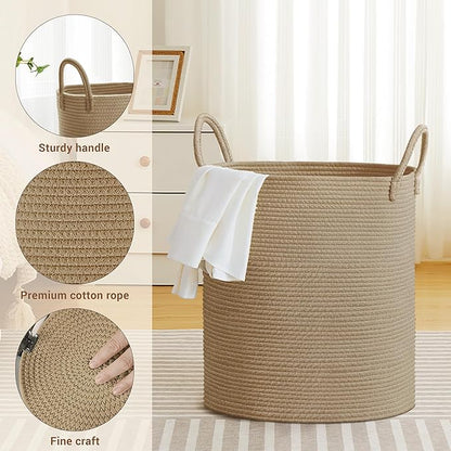 SunNewt Tall Laundry Basket with Handles, 88L Portable Dirty Clothes Hamper, Boho Cotton Rope Storage Bin for Blankets Kids Toys Gifts, Large Organizer for Baby Nursery Bedroom Bathroom, Jute
