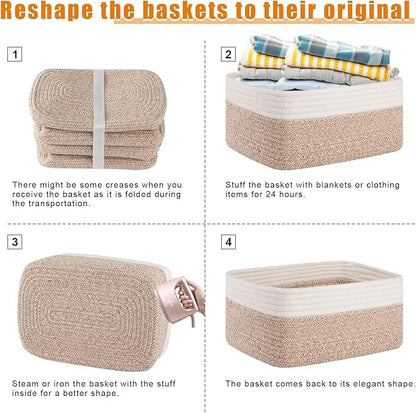 OIAHOMY 4 Pack Storage Baskets for Organizing, Small Bins for Shelves, Cute Decorative Storage Bins, Organizer Baskets for Gifts Empty,13''Lx8.7''Wx5.1''H, Brown/White