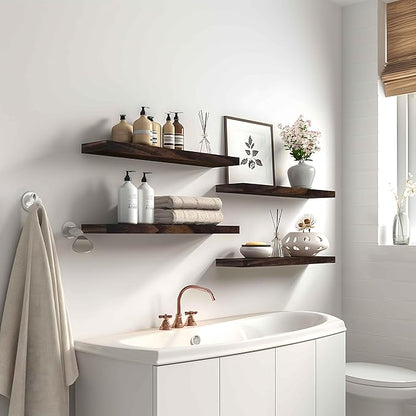 YYWUOJJ Wood Floating Shelves for Wall Decor, Rustic Wall Shelves for Bedroom Bathroom Kitchen Living Room, Set of 6 Walnut