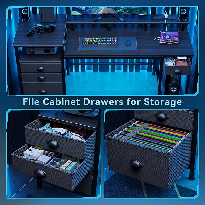 Furologee 60" Black Computer Desk with 4 Drawers and Printer Space, Gaming Desk with LED Lights and USB Power Outlets, Home Office Desk with Fabric File Cabinet,Study Work Table with Shelf for Bedroom