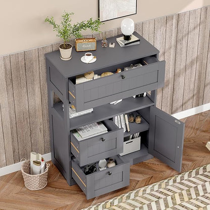 GRUSIGN Bathroom Cabinet, Modern Bathroom Floor Storage Cabinet Organizer with 1 Door and 3 Drawers, Freestanding Cupboard for Kitchen/Living Room Use