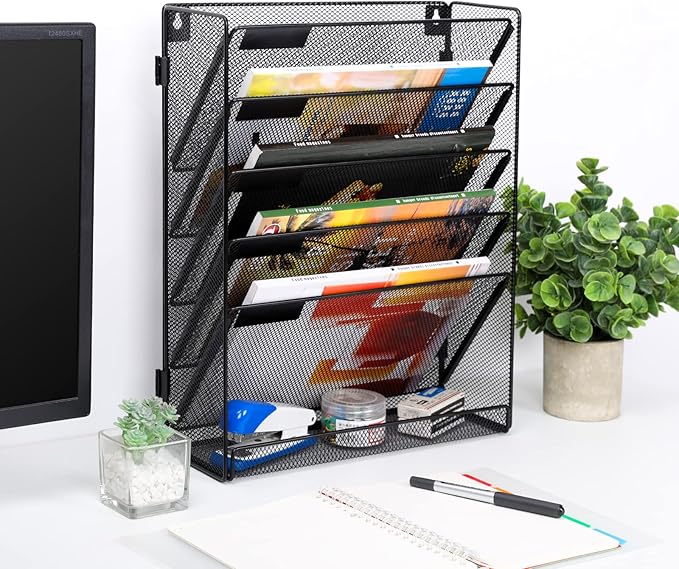 EasyPAG Wall File Holder Organizer 6 Tier Mesh Hanging Wall Mounted Document Paper Folder Filing Magazine Rack with Nametag Label for Office Home School, Black