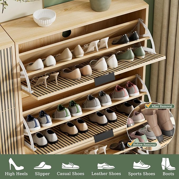 Shoe Cabinet Storage with 3 Flip Drawers, Shoe Organizer Cabinet for Entryway, Modern Freestanding Hidden Shoe Rack Organizer Shoe Cupboard for Hallway, Natural Wood