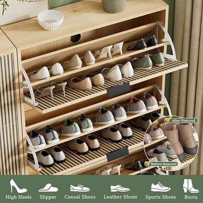 Shoe Cabinet Storage with 3 Flip Drawers, Shoe Organizer Cabinet for Entryway, Modern Freestanding Hidden Shoe Rack Organizer Shoe Cupboard for Hallway, Natural Wood