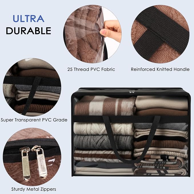 SGHUO Clothes Storage Bags 60L Extra Large Plastic Moving Bag for Comforter, Bedding, Blanket Storage Bags with Zipper and Reinforced Handle (4pcs, Black)