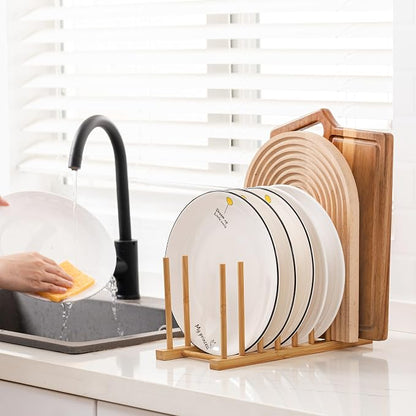 HBlife Heighten and Widen Bamboo Dish Dying Rack Pot Lid Plate Organizer Holder for Cabinet, Cutting Board Stand Drainer Storage Plate Rack for Dish, Pot Lid, Bowl, Cup, Cutting Board and Books