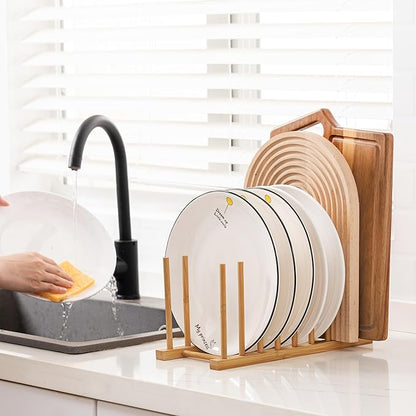 HBlife 4pcs Heighten and Widen Bamboo Dish Dying Rack Pot Lid Plate Organizer Holder for Cabinet, Cutting Board Stand Drainer Storage Plate Rack for Dish, Pot Lid, Bowl, Cup, Cutting Board and Books