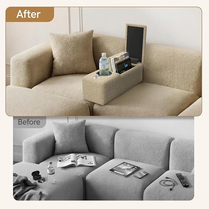 Multifunctional Couch Caddy Armrest with Couch Cup Holder Charging Console Phone Holder Storage 20.3'' Arm Rest Caddy Removable Chenille Sofa Armrest Organizer for Home Sofa Living Room, Camel
