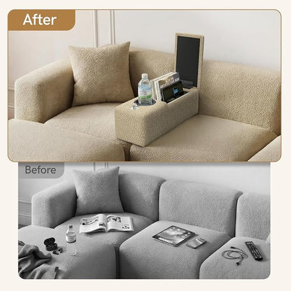 Multifunctional Couch Caddy Armrest with Couch Cup Holder Charging Console Phone Holder Storage 20.3'' Arm Rest Caddy Removable Chenille Sofa Armrest Organizer for Home Sofa Living Room, Camel