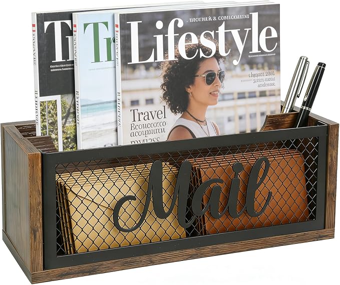 Mail Organizer Countertop, Rustic Farmhouse 2-Slot Wood & Iron Mail Holder, Retro Wall Mounted or Desk Entryway Letter Bill Envelope Sorter, No Assembly | Wood & iron, 11"×4"×4", holds letters, bills & magazines. Non-slip base, no sliding or scratching...