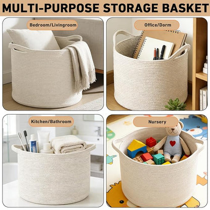 115L Extra Large Woven Cotton Rope Blanket Basket with Handles, Laundry Hamper Storage Bin for Pillows, Comforters,Clothes, Toys, Nursery, Bedroom and Living Room Organization,White