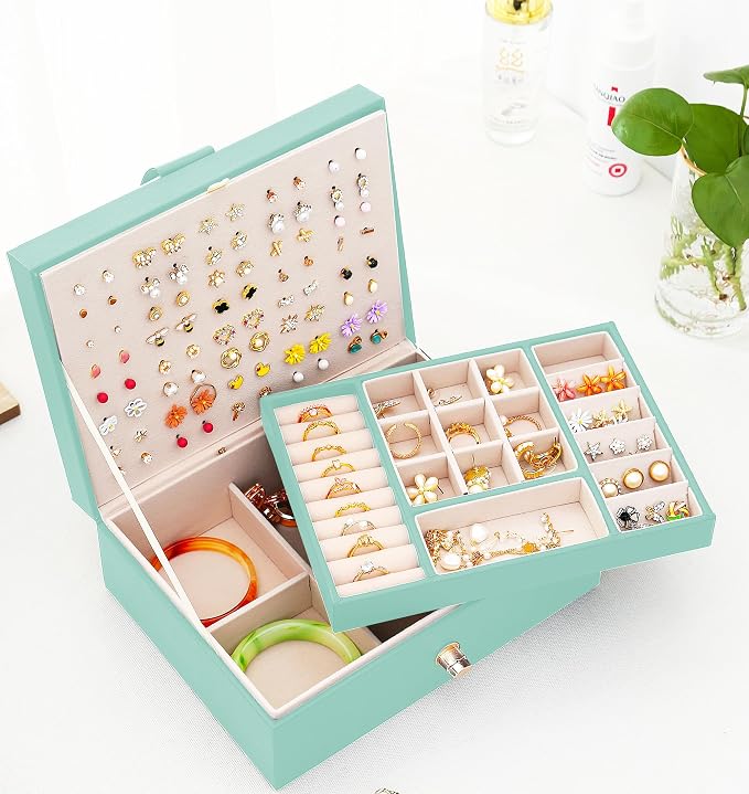 QBestry Girls Jewelry Box for Earrings Jewelry Organizer Box Teen Girls Earrings Organizer Jewelry Box Earring Holder Organizer Stud Earring Box for Girls Womens Jewelry Case Organizer Teal