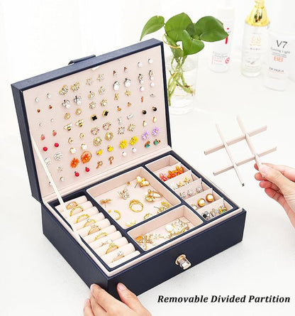 QBestry Womens Earring Jewelry Box for Girls Jewelry Earrings Organizer Box Earring Holder Organizer for Girls Jewelry Organizer Boxes for Women Girls Stud Earrings Organizers Jewelry Box Navy
