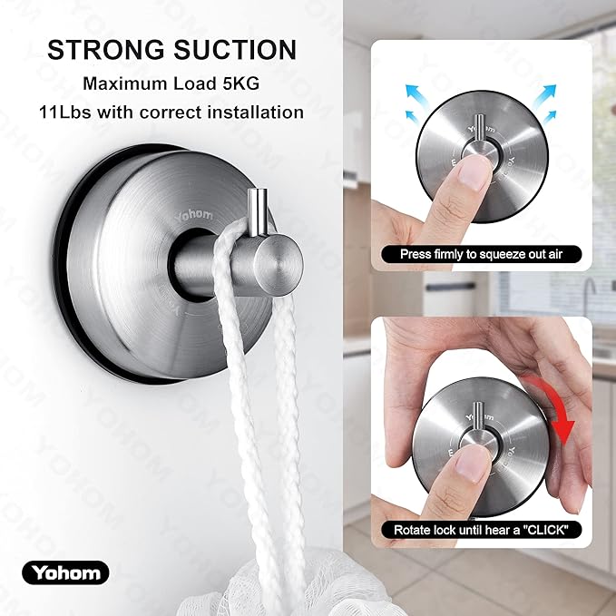 YOHOM Vacuum Suction Cup Hooks Shower Towel Holder Bathroom Shower Hook Brushed Stainless Steel Suction Towel Rack Kitchen Storage Organizer for Bathrobe Loofah Washcloth 4Pcs