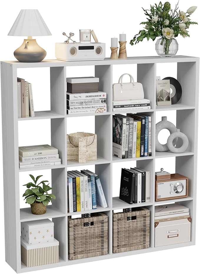 Cube Storage Organizer Bookcase, Decorative 11 inch Open Back Cubical Shelf with Thickened Border, Display Bookshelf for Living Room, Home Office, Sturdy Room (White, 16 Cube)