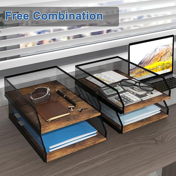 Natwind 4-Tier Stackable Paper Tray, Retro | Metal Mesh, Wood Board, Desktop Organizer, For Home, Office, School