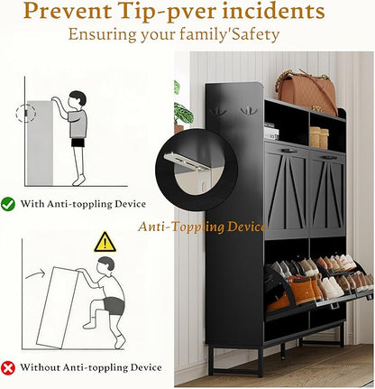Shoe Cabinet Storage for Entryway, Shoe Storage Cabinet with 4 Flip Drawers, Freestanding Narrow Shoe Rack Organizer with Metal Legs, Adjustable Shelves & Open Storage for Foyer, Hallway, Black