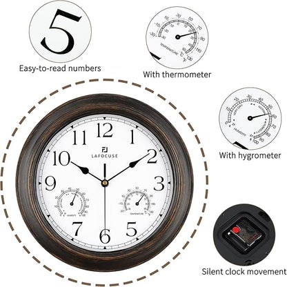 Lafocuse Brown Outdoor Wall Clocks Waterproof for Patio with Thermometer, 12 Inch Hygrometer Wall Clock for Kitchen Bathroom Garage