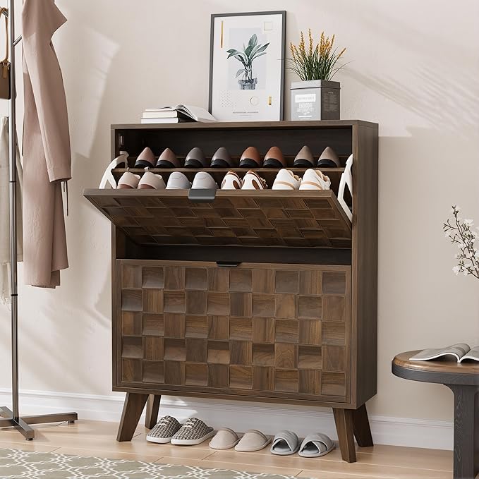 Smuxee Walnut Shoe Cabinet with 2 Flip Drawers, 29.6" Hidden Shoe Storage Cabinet with Embossed Checkerboard Doors, Freestanding Shoe Organizer Cabinet for Entryway, Hallway, Living Room