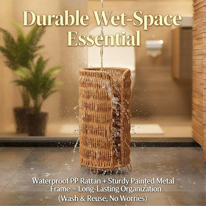 Freestanding Rattan Toilet Paper Holder, Bathroom Storage Organizer Holds 3 Rolls, Space Saving Wicker Toilet Roll Stand for Bathroom Decor