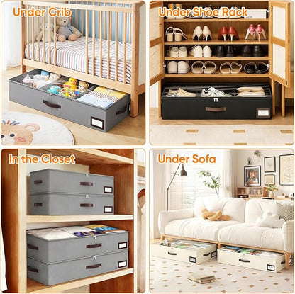 OIAHOMY 2 Pack 38L Under Bed Storage with Adjustable Dividers, 6" Low Profile Underbed Storage Bins for Comforters & Clothes, Save Closet Space with Clear View Lid & Reinforced Handles, Grey