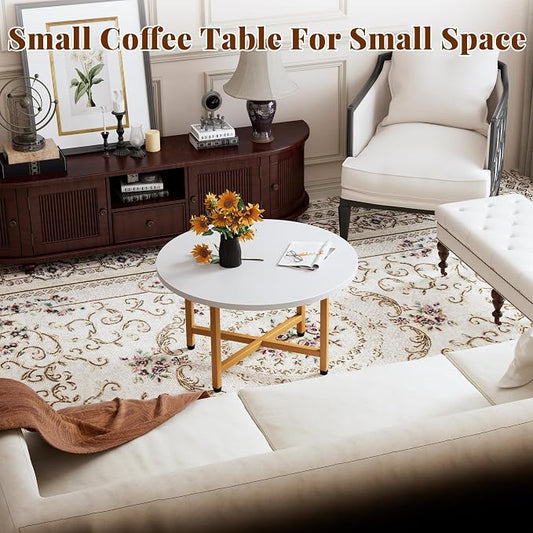 Coffee Table, 23.6" Small Coffee Tables, Gray Round Coffee Tables for Living Room, Floor Table for Sitting on The Floor, Center Coffee Table with Metal Frame for Office Apartment Home, Gold
