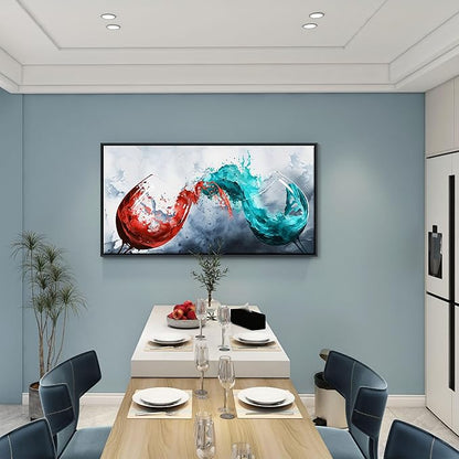 Framed Blue & Red Wine Glass Collisions Canvas Art | 24x48 inches | Modern Kitchen & Dining Room Decor | Abstract Wine Cup Painting | Contemporary Bar & Living Room Wall Art | pictures wall decor