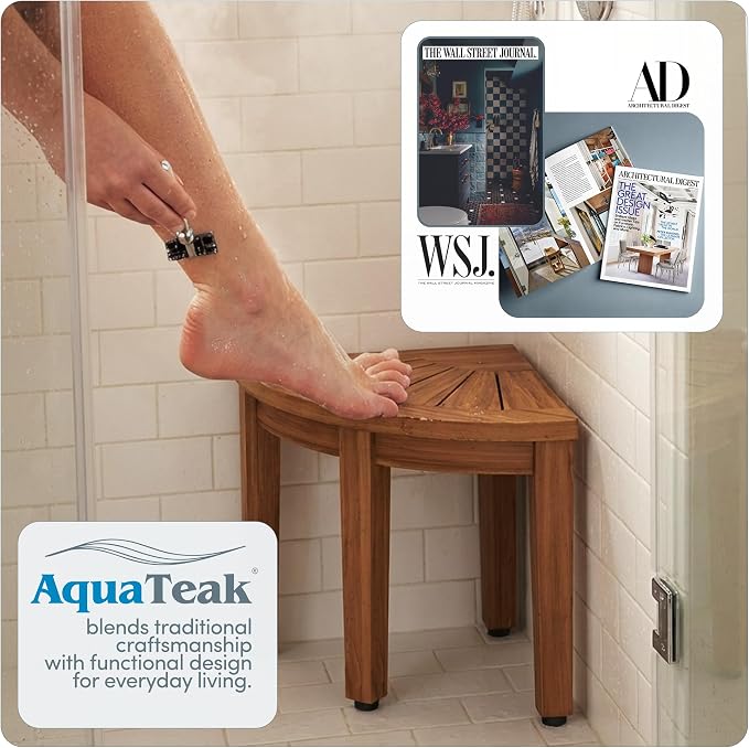 AquaTeak 12" Kai OptiAREA Teak Foot Rest - Corner Shower Stool for Shaving Legs - Durable, Water-Resistant Foot Stool with Anti-Slip Feet & Space-Saving Design - Indoor & Outdoor Use