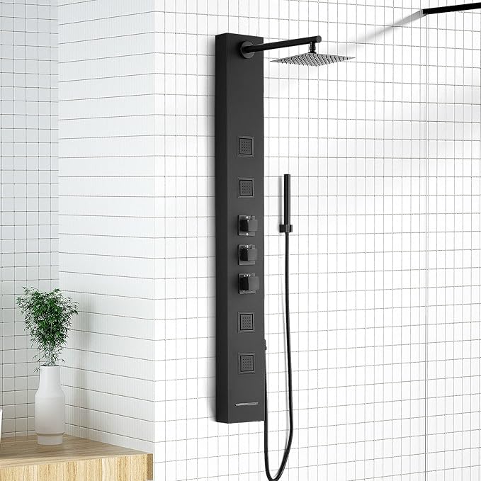 Achelous Square Rainfall Shower Head Panel System with Thermostatic,Stainless Steel High Pressure Turbo Body Jets Waterfall Shower Tower,Brass Handheld Wand in Matte Black