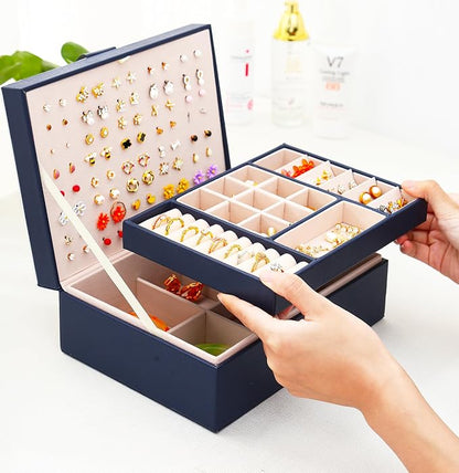QBestry Womens Earring Jewelry Box for Girls Jewelry Earrings Organizer Box Earring Holder Organizer for Girls Jewelry Organizer Boxes for Women Girls Stud Earrings Organizers Jewelry Box Navy