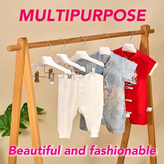 White 9.8" Ultra-Thin Wooden Children Closet Clothes Clips Hangers 12PCS Wood Baby Kids Coat Hangers for Infant Toddler Newborn Jumpsuit Pants Skirts Jeans Space Saving Heavy Duty Durable