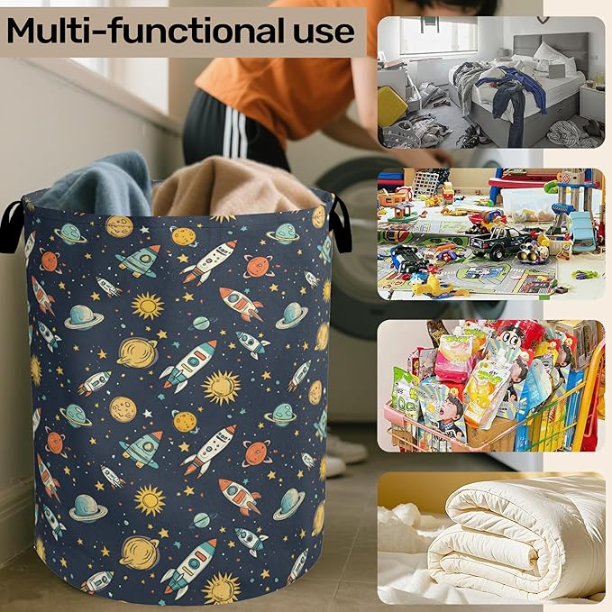 Cartoon Planet Space Foldable Canvas Laundry Basket with Handles - Toy Organizer, Heavy Duty for Home，Bedroom, Dorm, Bathroom