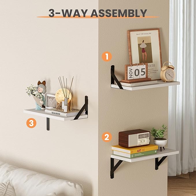 upsimples Floating Book Shelves for Wall, 15.7 Inches Wood Shelves for Living Room, Bathroom, Bedroom, Kitchen Storage and Decoration, White