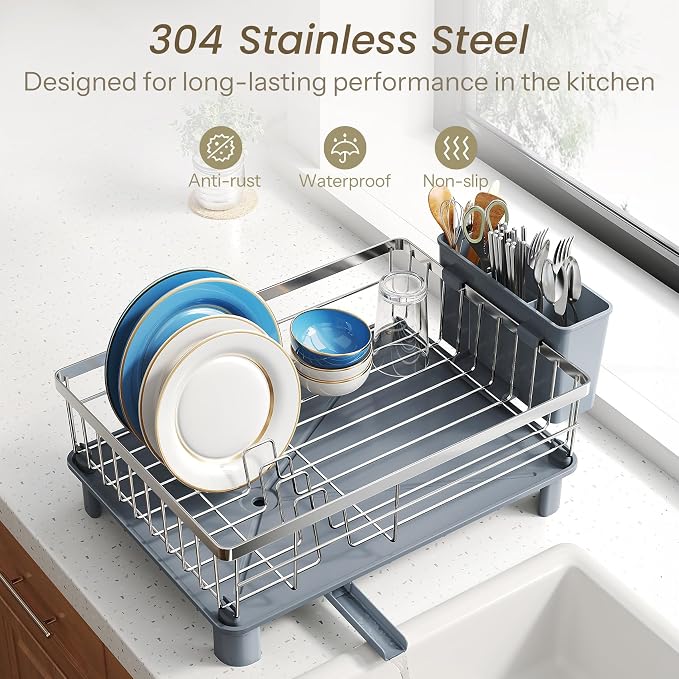 SNTD Dish Drying Rack - Small Dish Rack for Kitchen Counter, Stainless Steel Dish Drainer with Utensil Holder and Drainboard, 11" W x 15" L (Silver)