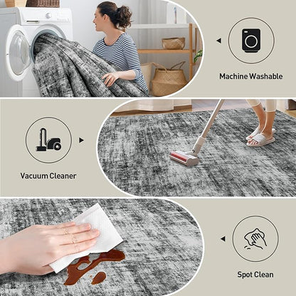 8x10 Area Rugs Washable Rug: Modern Abstract Living Room Rug Soft Anti-Skid Thin Carpet Indoor Floor Non-Shedding Carpets for Bedroom Dining Room Farmhouse Nursery Home Office Black