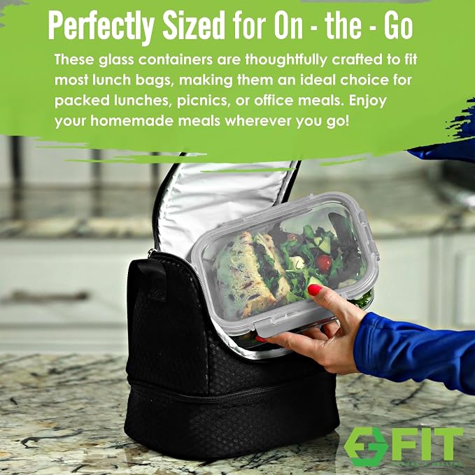 FIT Strong & Healthy 2 and 3 Compartment Glass Meal Prep Containers – Glass Bento Box for Adults, Portion Control, Food Storage, Lunch Container, Oven & Freezer Safe, Leak-Proof, 32 oz, Gray, 4 Pack