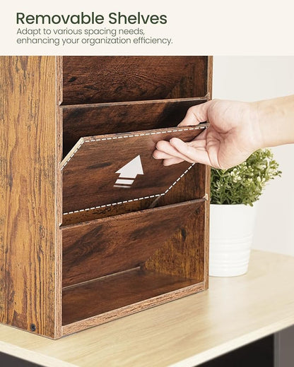 CHOEZON Wall File Organizer, 10-Tier Hanging Mail Organizer, Wall Mount File Holder with 4 Side Hooks, Mail and Storage Organizer, Wooden Vertical Hanging Holder for Office, Rustic Brown MWJ03FG