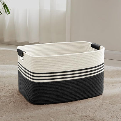SunNewt 60L Large Laundry Basket with Leather Handles for Living Room Storage, Woven Rope Baskets Bin for Blanket, Kids Toy, Gifts, Wicker Hamper for Bedroom Dirty Clothes, 21"x15"x11" White Black