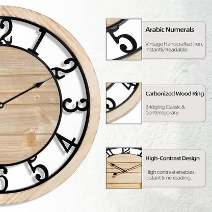 LEIKE 30 Inch Extra Large Wall Clock - Rustic Wooden Nearly Silent Wall Clock with Black Metal Frame, Vintage Farmhouse Decorative for Living Room, Bedroom, Kitchen - Arabic Numerals, Modern Design