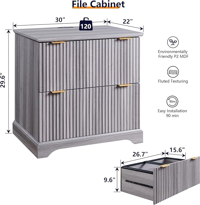 JXQTLINGMU 2 Drawer File Cabinet with Charging Station, 30" Fluted Lateral File Cabinet w/Files Hanging Rod for Letter/Legal/A4, Large Tabletop for Printer, Office Wood Printer Cabinets, Oak Gray