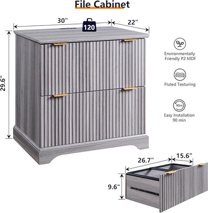 JXQTLINGMU 2 Drawer File Cabinet with Charging Station, 30" Fluted Lateral File Cabinet w/Files Hanging Rod for Letter/Legal/A4, Large Tabletop for Printer, Office Wood Printer Cabinets, Oak Gray