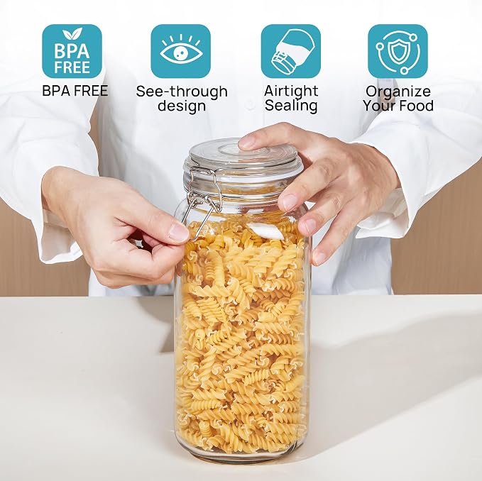 Vtopmart 78oz Glass Food Storage Jars with Airtight Clamp Lids, 3 Pack Large Kitchen Canisters for Flour, Sugar, Cereal, Coffee, Pasta and Canning, Square Mason Jars with 8 Reusable Labels