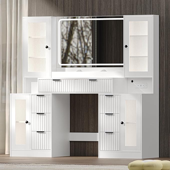 Fluted Makeup Vanity Desk with Mirror and Lights, 55" Glass Top Vanity with 8 Drawers & 4 RGB Glass Cabinets, Adjustable Shelves & Power Outlet, Modern Dressing Table Set for Women Girls Bedroom