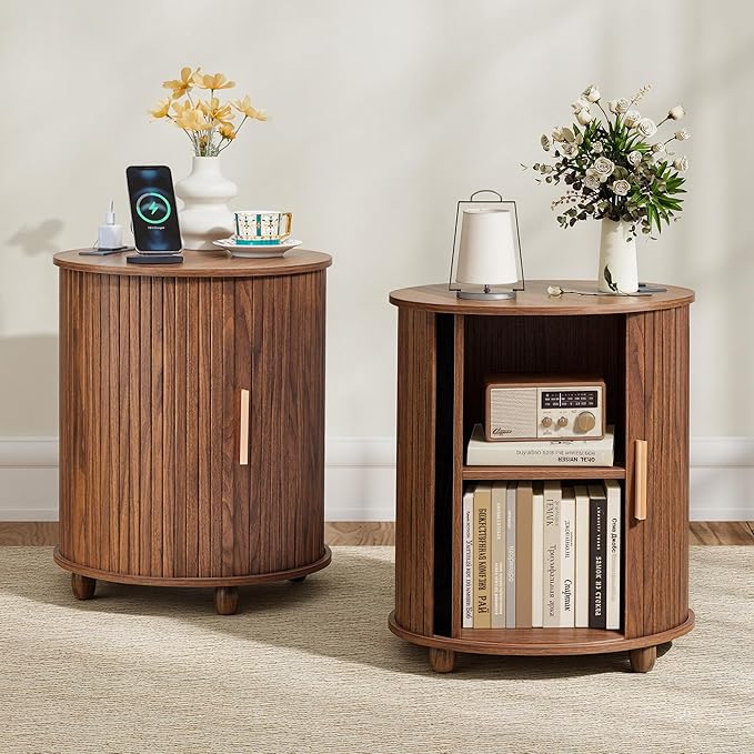 Fluted Round End Table with Charging Station, Farmhouse Small Sofa Side Table with Sliding Tambour Door & Storage, Mid-Century Wood Fulted Nightstands for Living Room, Bedroom (Walnut)