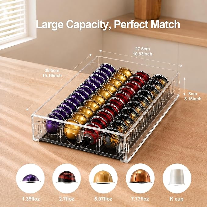 Coffee Pod Drawer Organizer for Nespresso Vertuo Pods,Acrylic Coffee Pod Holder Holds 40 Large or 60 Small Capsules or 28 K-Cups,Pull-Out Drawer with Anti-Slip Base for Home & Office,Matte Black